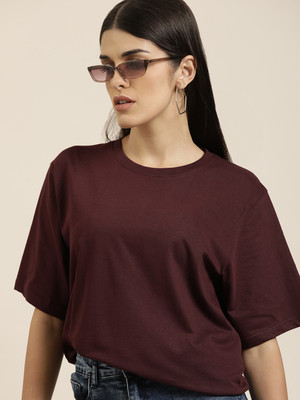 DIFFERENCE OF OPINION Solid Women Round Neck Maroon T-Shirt