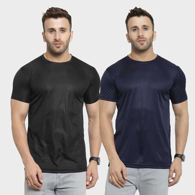 TQH Solid Men Round Neck Dark Blue, Black T-Shirt
