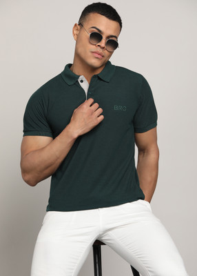 INKKR Solid Men Polo Neck Green T-Shirt