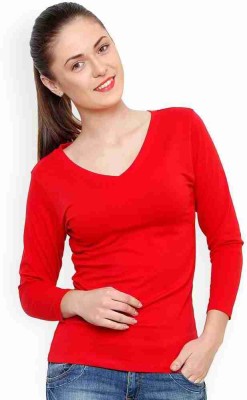 Nilan Tees Solid Women V Neck Red T-Shirt