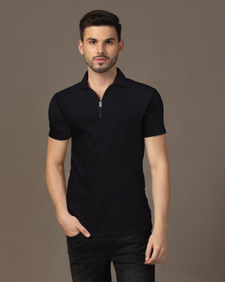 GEUM Solid Men Polo Neck Black T-Shirt