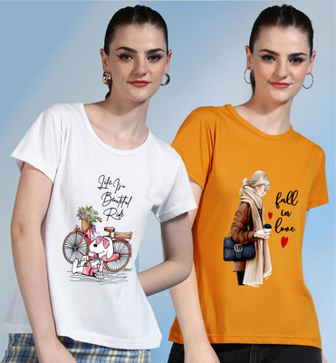 METRONAUT Printed Women Round Neck White, Yellow T-Shirt