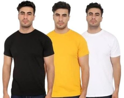 MISTY COLLECTION Solid Men Round Neck Yellow, Black, White T-Shirt