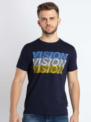Status Quo Typography Men Round Neck Navy Blue T-Shirt