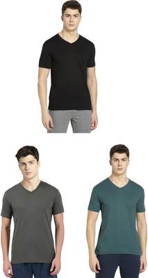 JOCKEY Solid Men V Neck Black, Dark Green, Green T-Shirt