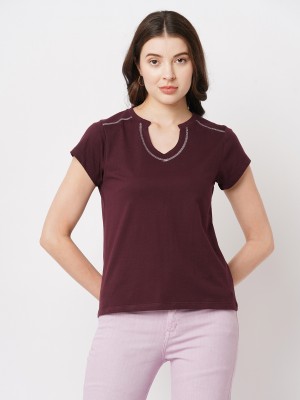 Roadster Solid Women V Neck Maroon T-Shirt