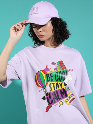 Tokyo Talkies Printed, Typography Women Round Neck Purple T-Shirt