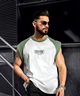 MANIAC Printed Men Round Neck Green, White T-Shirt