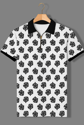 Conway Polka Print Men Zip Neck White, Black T-Shirt