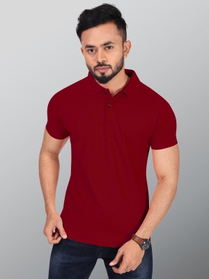 INDICLUB Solid Men Polo Neck Maroon T-Shirt