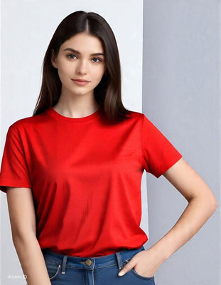 HouseOfCommon Self Design Women Round Neck Red T-Shirt