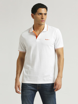 Pepe Jeans Solid Men Polo Neck White T-Shirt