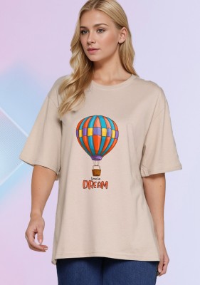 SLENOR Graphic Print Women Round Neck Beige T-Shirt