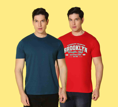 WOOSTRO Solid, Typography Men Round Neck Multicolor, Blue T-Shirt