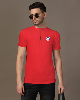Blisstone Solid Men Mandarin Collar Red T-Shirt