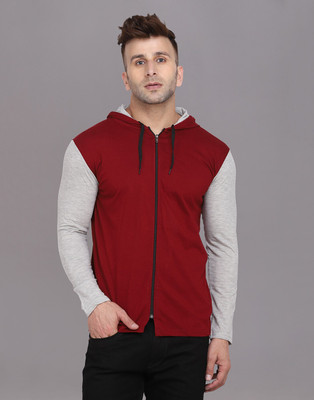 tfurnish Self Design Men Hooded Neck Maroon, Grey T-Shirt