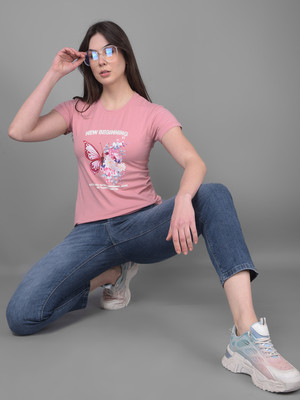 CRIMSOUNE CLUB Printed, Typography Women Round Neck Pink T-Shirt