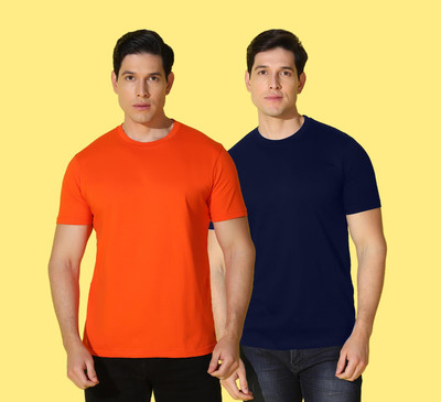 WOOSTRO Solid, Printed Men Round Neck Blue, Orange T-Shirt