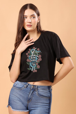 CORSICA Printed Women Round Neck Black T-Shirt
