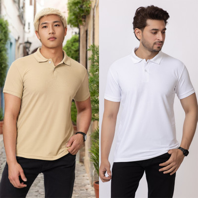 HILFIRE REGION Solid Men Polo Neck Beige, White T-Shirt
