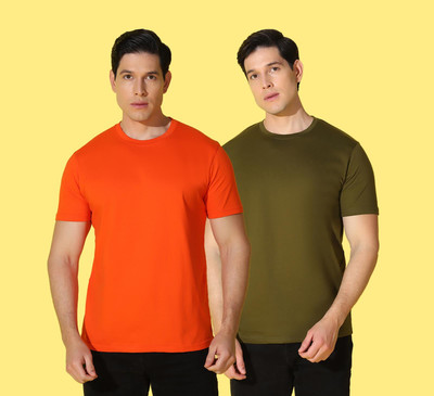 WOOSTRO Solid Men Round Neck Orange, Green T-Shirt