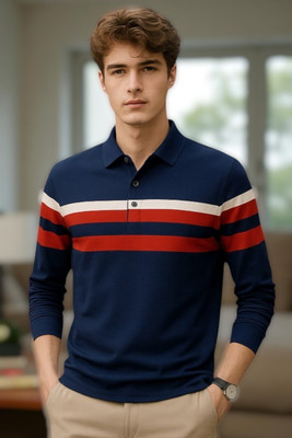 FASHIUM Solid Men Polo Neck Navy Blue T-Shirt