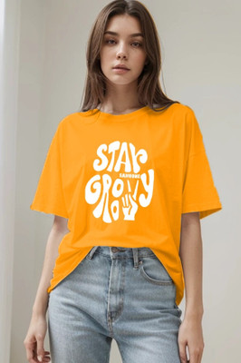 etsun Typography Women Round Neck Yellow T-Shirt