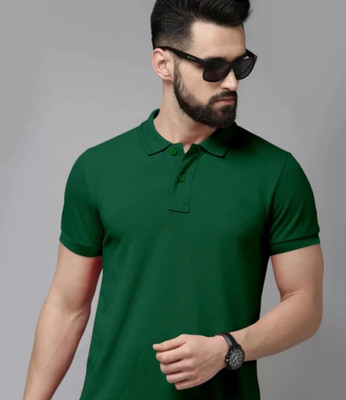 Moordale Fab Solid Men Polo Neck Dark Green T-Shirt