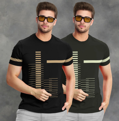 TRIPR Printed Men Round Neck Black, Dark Green T-Shirt