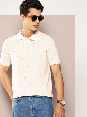 FROSEN FOX Polka Print Men Polo Neck Beige T-Shirt