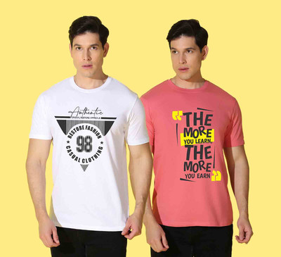 WOOSTRO Typography, Solid Men Round Neck White, Pink T-Shirt