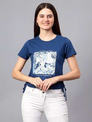CANTABIL Printed Women Round Neck Blue T-Shirt