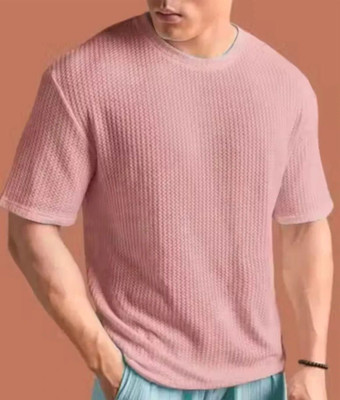 At Last Fashion Self Design Men Round Neck Pink T-Shirt