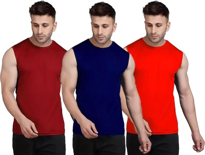 Think Tech Solid Men Round Neck Maroon, Dark Blue, Red T-Shirt