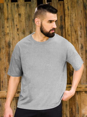 TeeBrozz Solid Men Round Neck Grey T-Shirt