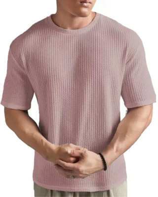 Makkar Self Design Men Round Neck Pink T-Shirt