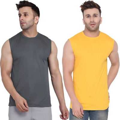 Jangoboy Solid Men Round Neck Grey, Yellow T-Shirt