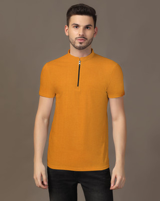 GEUM Solid Men Mandarin Collar Yellow T-Shirt