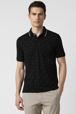 PETER ENGLAND Printed Men Polo Neck Black T-Shirt