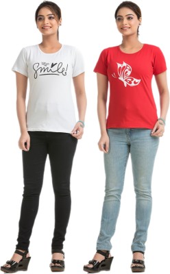 STYLE AK Solid Women Round Neck White, Red T-Shirt