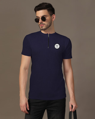 tfurnish Solid Men Mandarin Collar Navy Blue T-Shirt