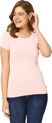 V-MART Striped Women Round Neck Pink T-Shirt