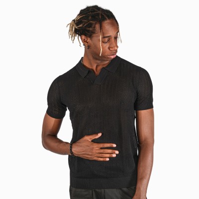 BotaBochi Self Design Men Polo Neck Black T-Shirt