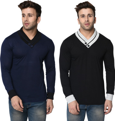 Adorbs Trend Colorblock Men Shawl Neck Dark Blue, Black T-Shirt