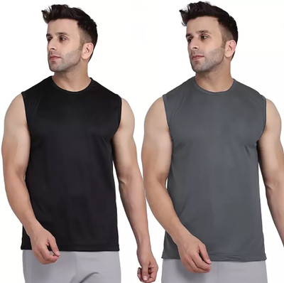 MR THINK Solid Men Round Neck Black, Grey T-Shirt