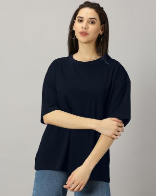 ALONE EAGLE Solid Women Round Neck Dark Blue T-Shirt