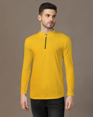 Blisstone Solid Men Mandarin Collar Yellow T-Shirt
