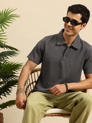 Mast & Harbour Self Design Men Polo Neck Grey T-Shirt