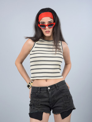 CRIMSOUNE CLUB Striped Women Round Neck Black T-Shirt