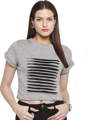 Martini Self Design Women Round Neck Grey T-Shirt